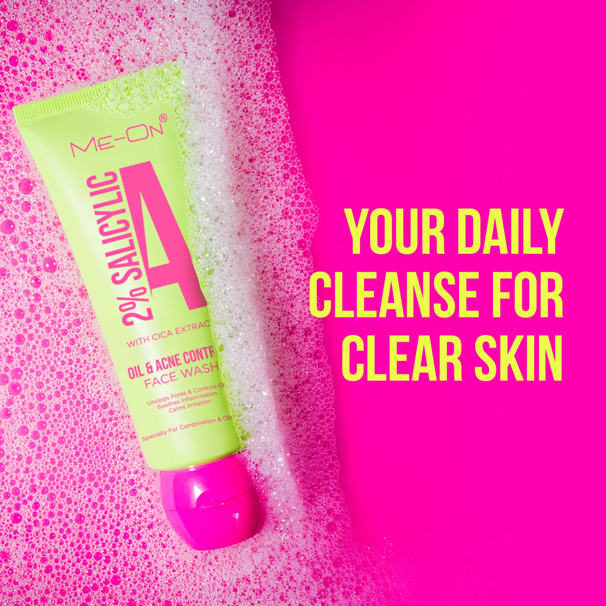 ME-ON 2% Salicylic Acid Face Wash with Cica Extract | Oil & Acne Control | Deep Pore Cleansing | Helps Unclog Pores & Control Excess Oil | For Combination & Oily Skin
