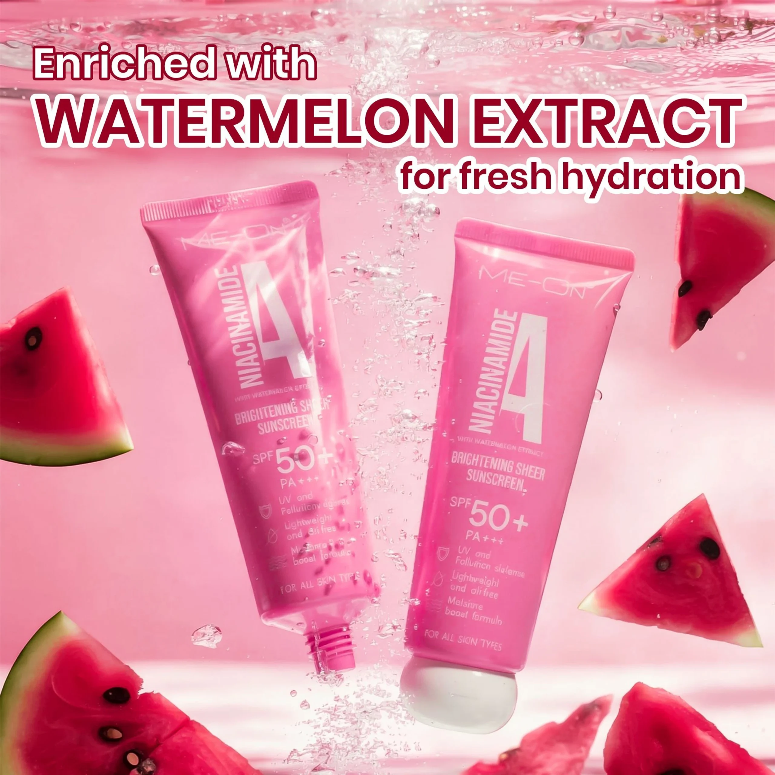 ME-ON Niacinamide A Brightening Sheer Sunscreen SPF 50+ PA+++ with Watermelon Extract | Lightweight, Oil-Free, No White Cast | UV & Pollution Defense | Moisture Boost Formula | All Skin Types