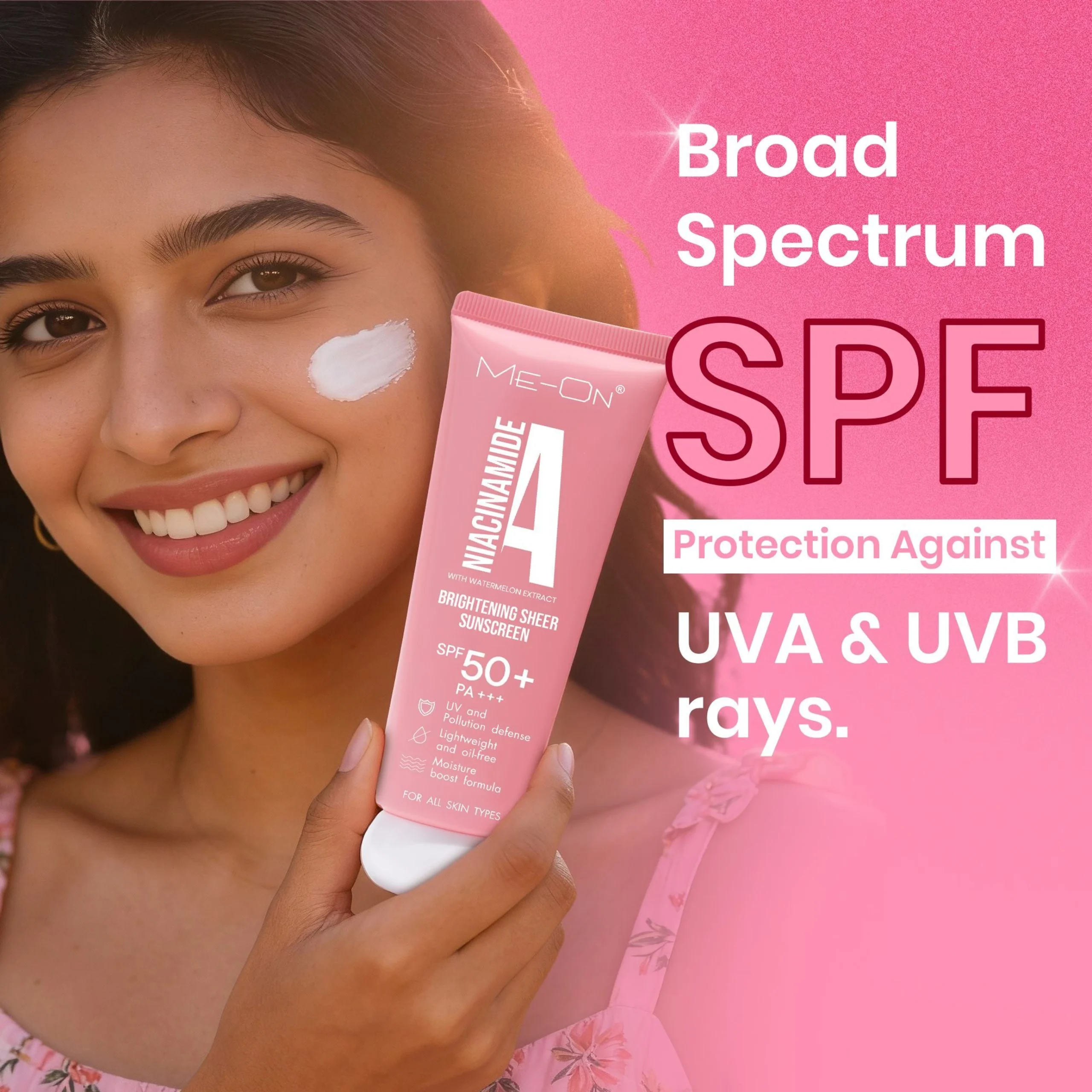 ME-ON Niacinamide A Brightening Sheer Sunscreen SPF 50+ PA+++ with Watermelon Extract | Lightweight, Oil-Free, No White Cast | UV & Pollution Defense | Moisture Boost Formula | All Skin Types