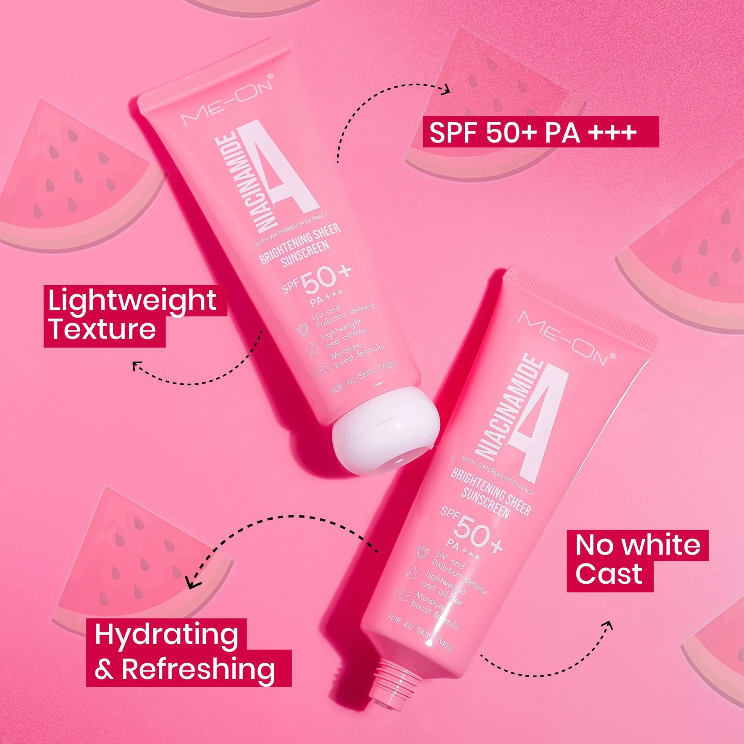 ME-ON Niacinamide A Brightening Sheer Sunscreen SPF 50+ PA+++ with Watermelon Extract | Lightweight, Oil-Free, No White Cast | UV & Pollution Defense | Moisture Boost Formula | All Skin Types