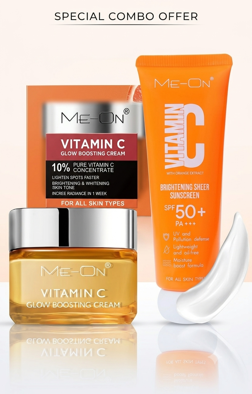 Give your daily skincare routine a brightening boost with the ME-ON Vitamin C Glow Care Combo, featuring a Vitamin C Glow Boosting Cream and Vitamin C Brightening Sheer Sunscreen SPF 50+ PA+++. The Vitamin C cream is designed to provide lightweight hydration while helping skin look brighter and more radiant. The sunscreen complements your routine with SPF 50+ PA+++ UV protection, along with a lightweight, oil-free feel and moisture-boosting formula. Together, this convenient combo helps you build a simple everyday skincare routine focused on hydration, radiance, and daytime sun protection.