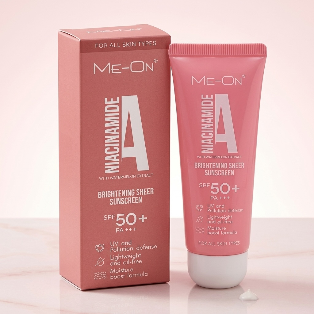 ME-ON Niacinamide A Brightening Sheer Sunscreen SPF 50+ PA+++ with Watermelon Extract | Lightweight, Oil-Free, No White Cast | UV & Pollution Defense | Moisture Boost Formula | All Skin Types